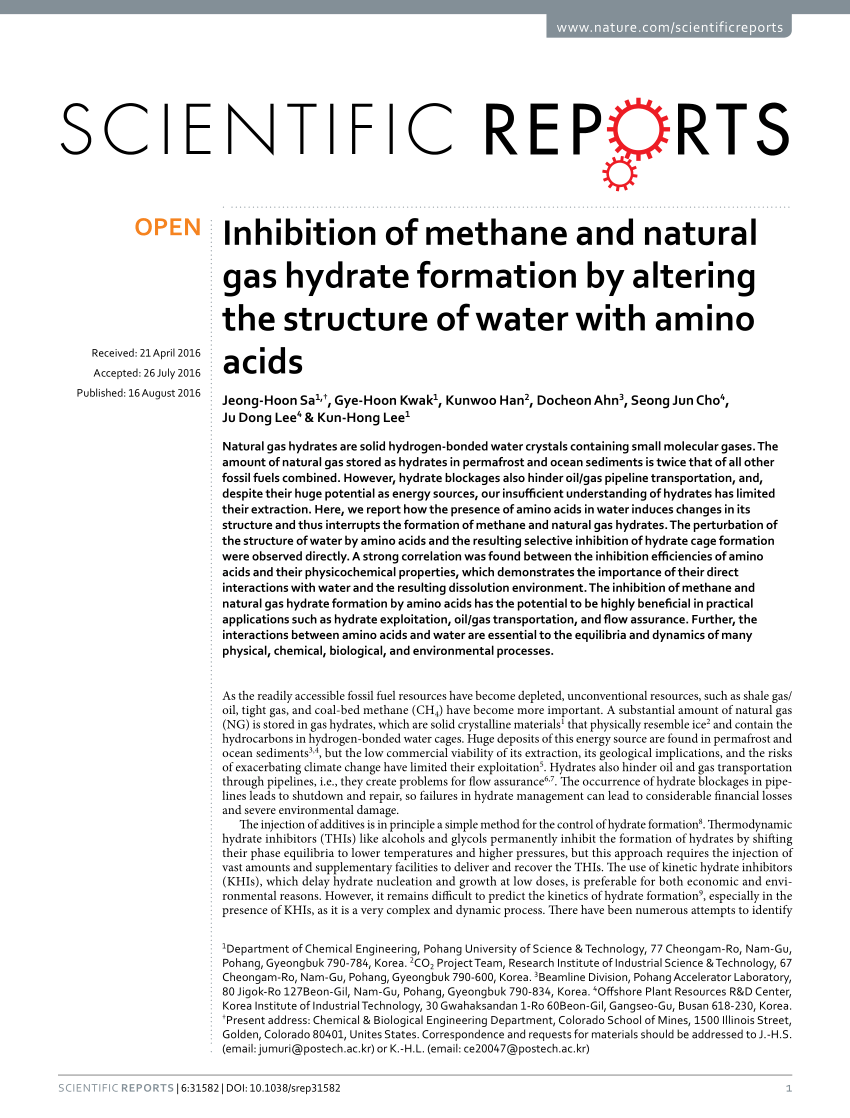 PDF) Inhibition of methane and natural gas hydrate formation by altering the structure of water with acids