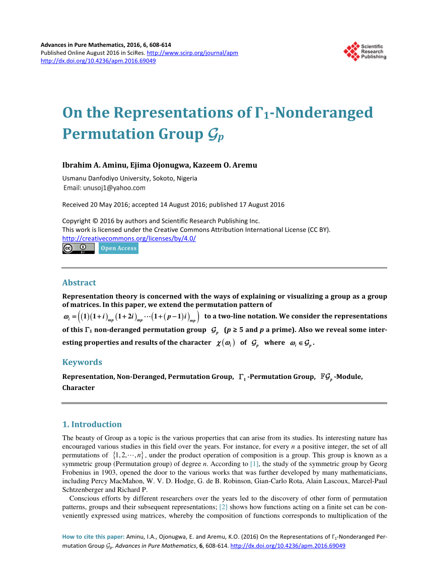 Pdf On The Representations Of G1 Nonderanged Permutation Group G Sub P Sub