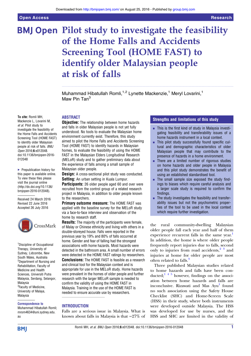 PDF Pilot Study To Investigate The Feasibility Of The Home Falls And   Largepreview 