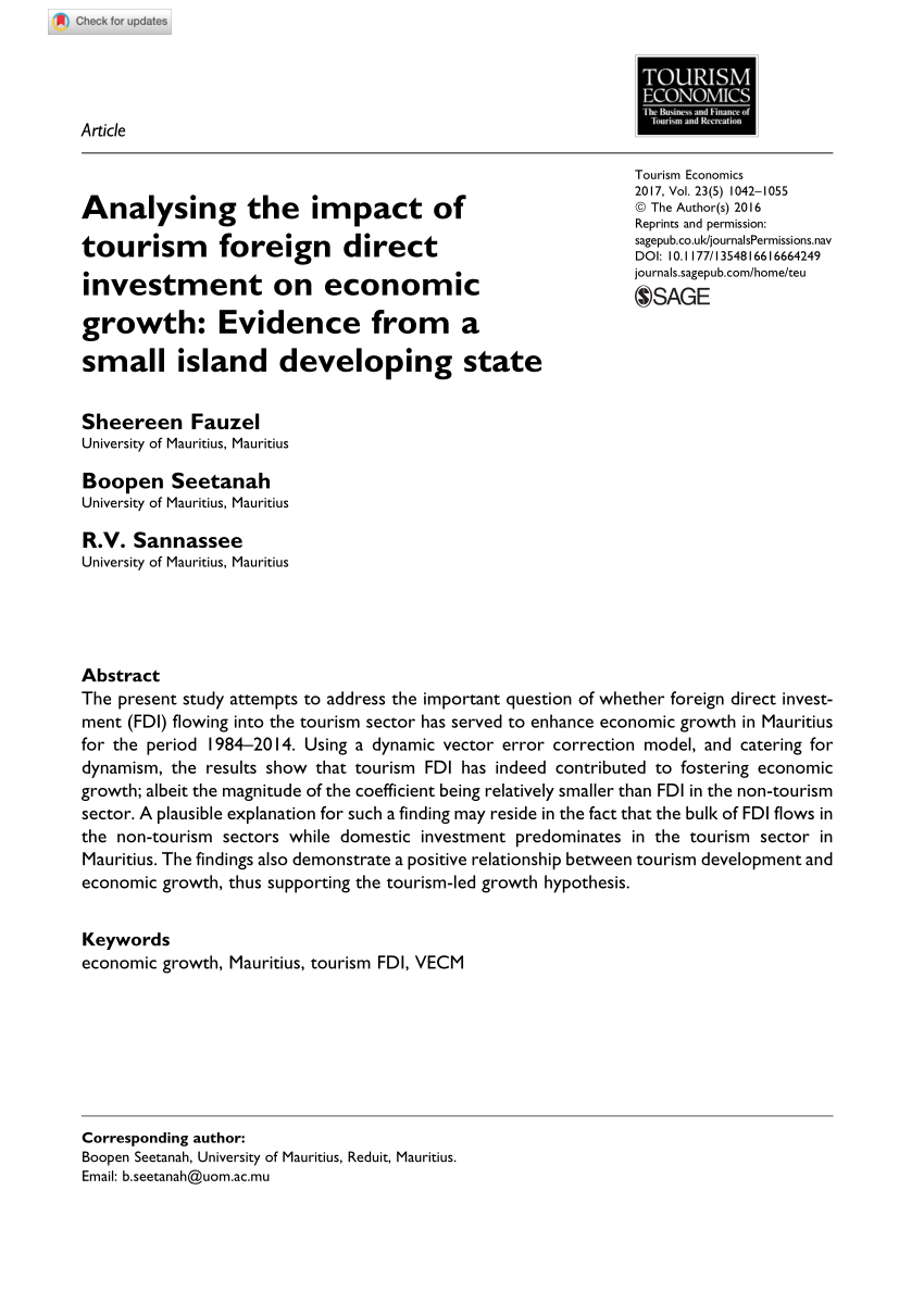 Pdf Analysing The Impact Of Tourism Foreign Direct Investment On Economic Growth Evidence From A Small Island Developing State