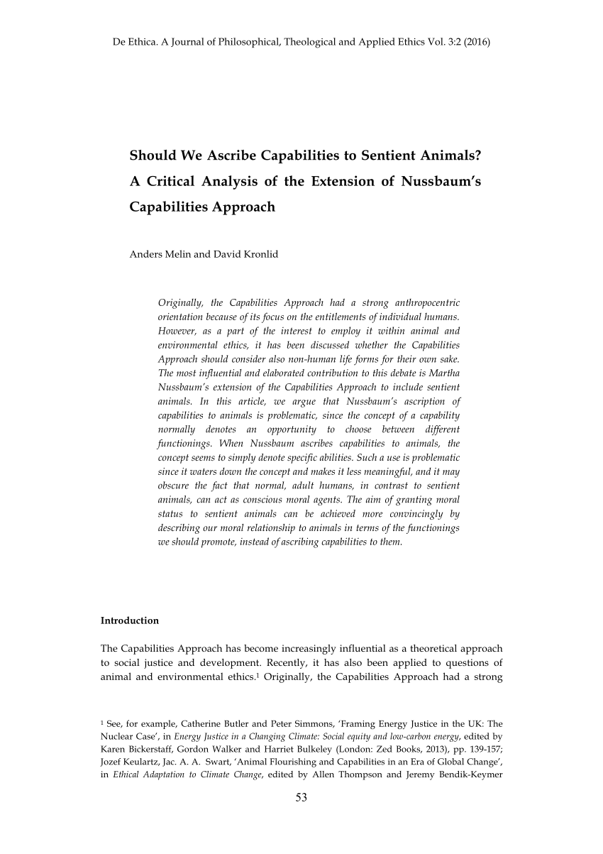 PDF) Should We Ascribe Capabilities to Sentient Animals? A Critical  Analysis of the Extension of Nussbaum�s Capabilities Approach