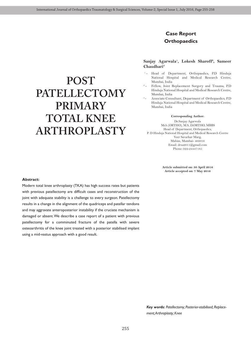 (PDF) POST PATELLECTOMY PRIMARY TOTAL KNEE ARTHROPLASTY