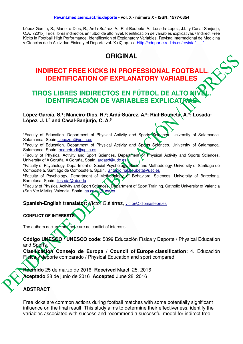 Pdf Indirect Free Kicks In Professional Football Identification Of Explanatory Variables