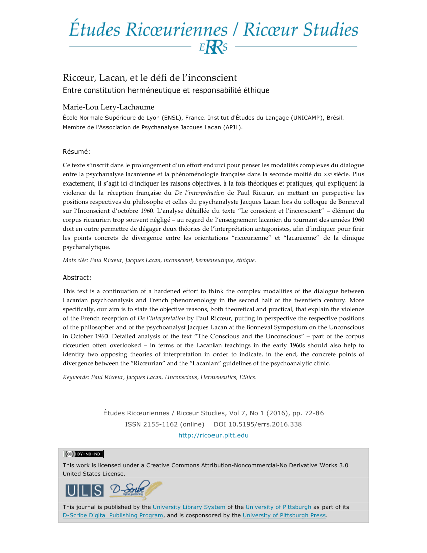 Pdf Ricoeur Lacan Et Le Defi De L Inconscient Entre Constitution Hermeneutique Et Responsabilite Ethique