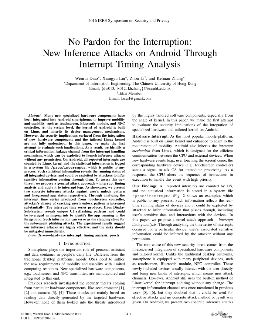 Pdf No Pardon For The Interruption New Inference Attacks On Android Through Interrupt Timing Analysis