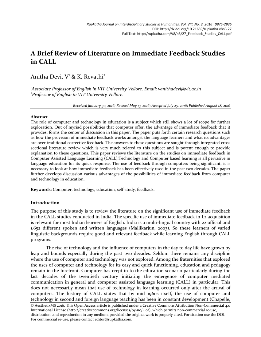 (PDF) A Brief Review of Literature on Immediate Feedback Studies in CALL