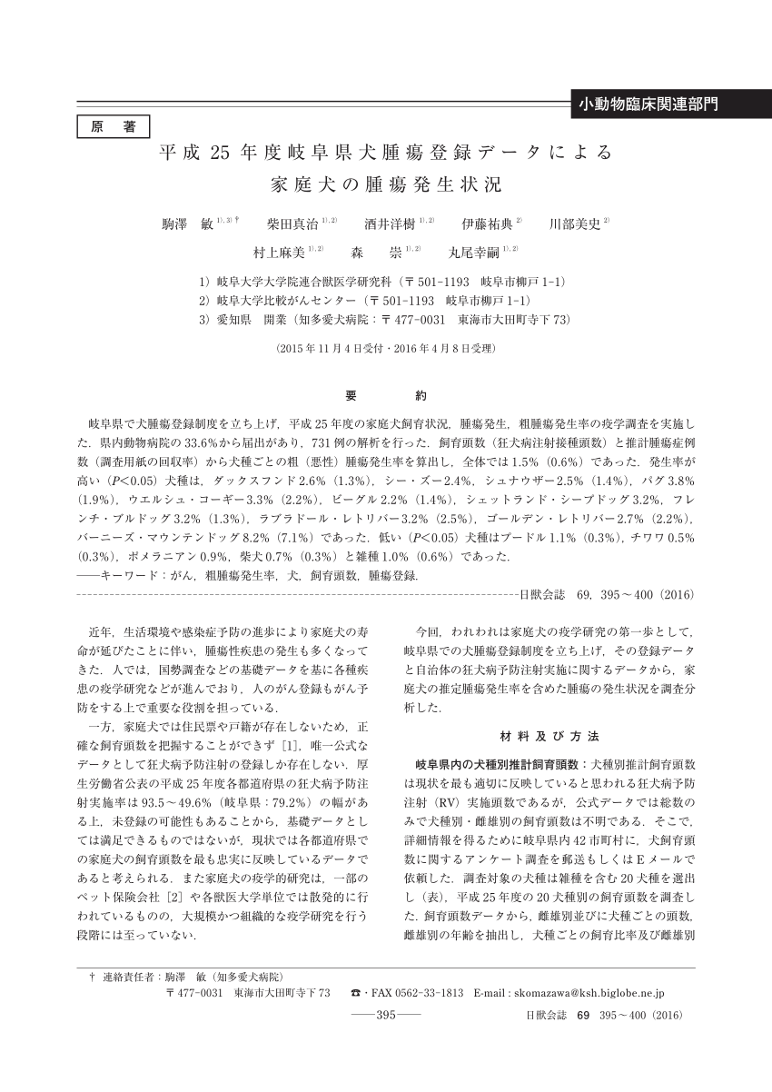Pdf Epidemiological Study Of Canine Neoplasia Based On Tumor Registration Data Of Domestic Dogs In Gifu Prefecture Between April 13 And March 14