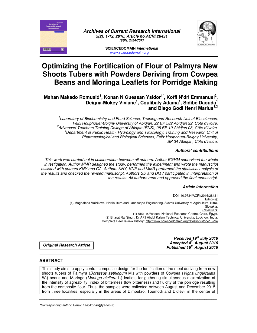 PDF) Optimizing the Fortification of Flour of Palmyra New Shoots Tubers with Powders Deriving from Cowpea Beans and Moringa Leaflets for Porridge Making