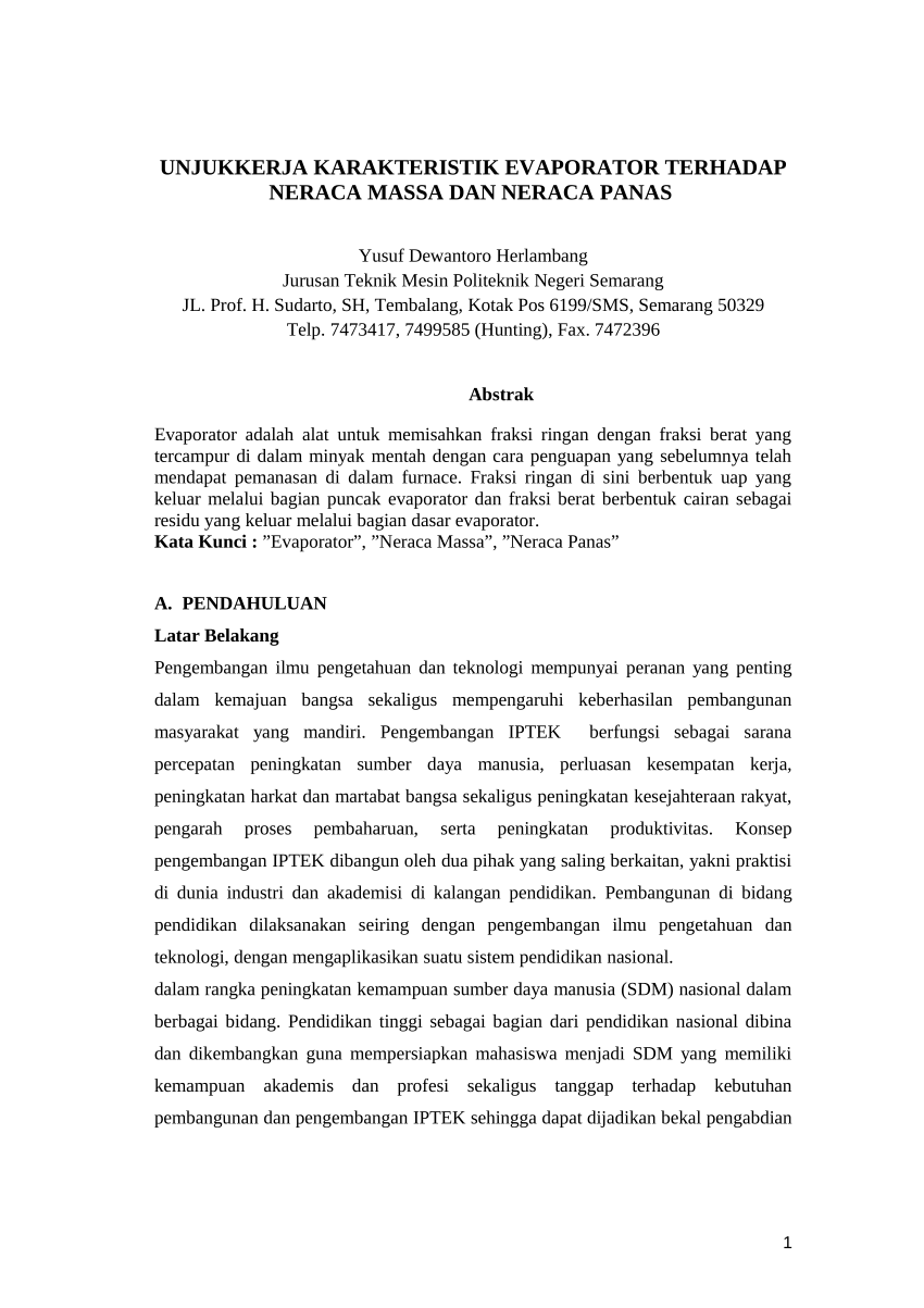 PDF UNJUKKERJA KARAKTERISTIK EVAPORATOR TERHADAP NERACA MASSA DAN