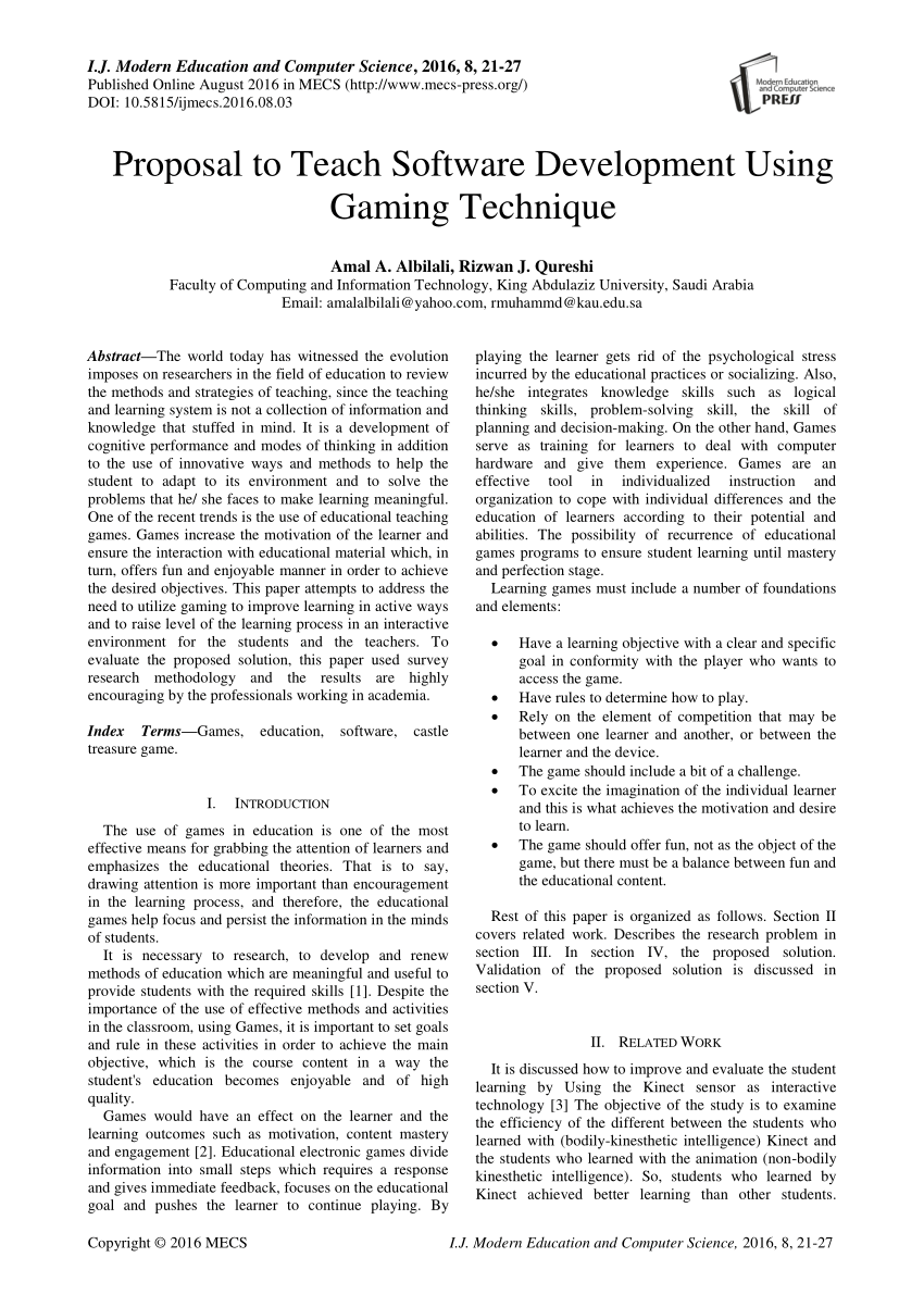 PDF) Proposal to Teach Software Development Using Gaming Technique