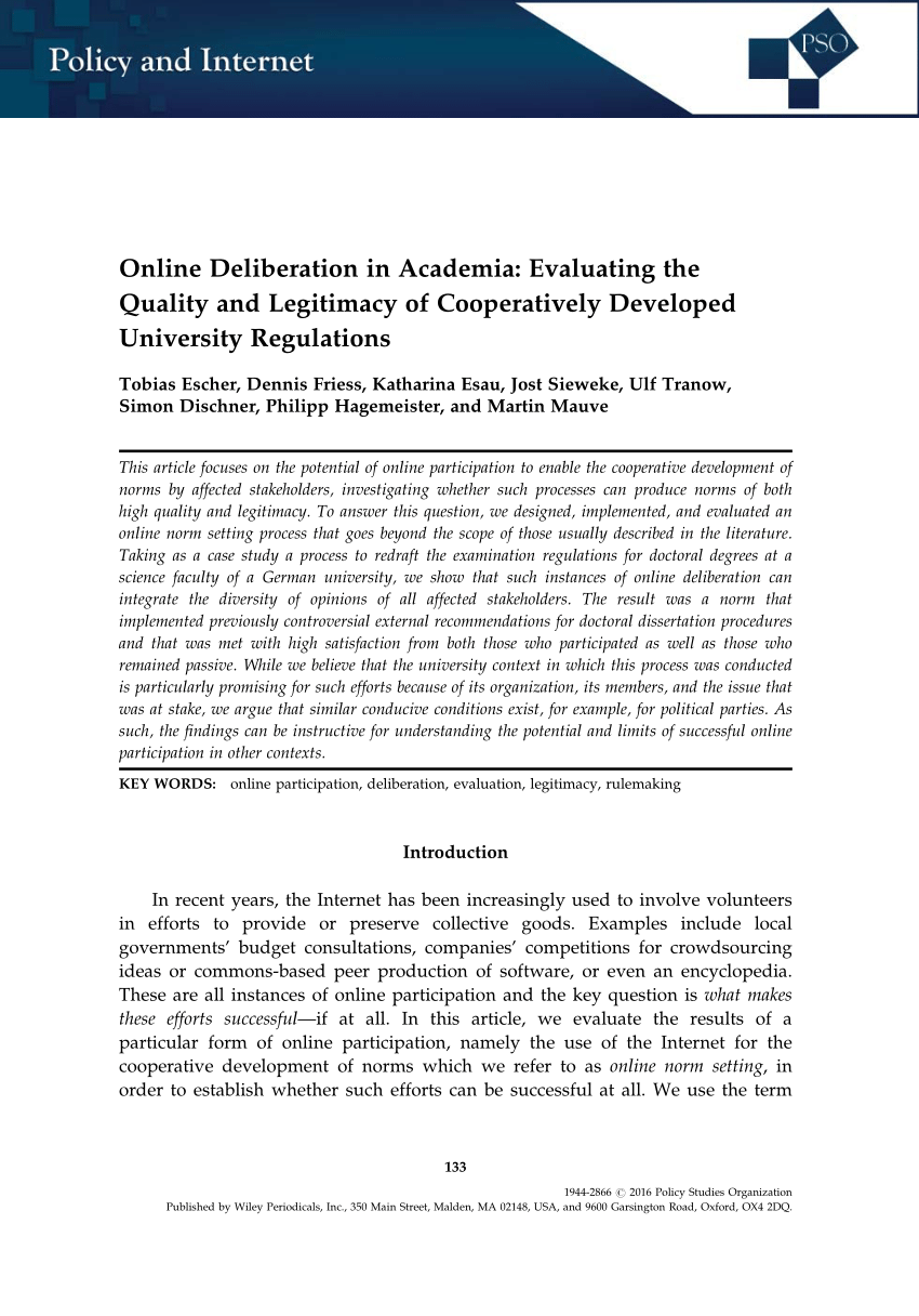 Pdf Online Deliberation In Academia Evaluating The Quality And Legitimacy Of Cooperatively Developed University Regulations Online Deliberation In Academia