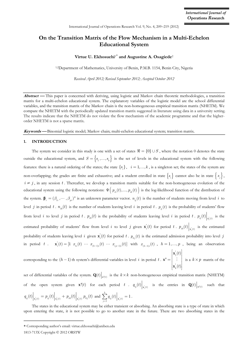 Pdf On The Transition Matrix Of The Flow Mechanism In A Multi Echelon Educational System
