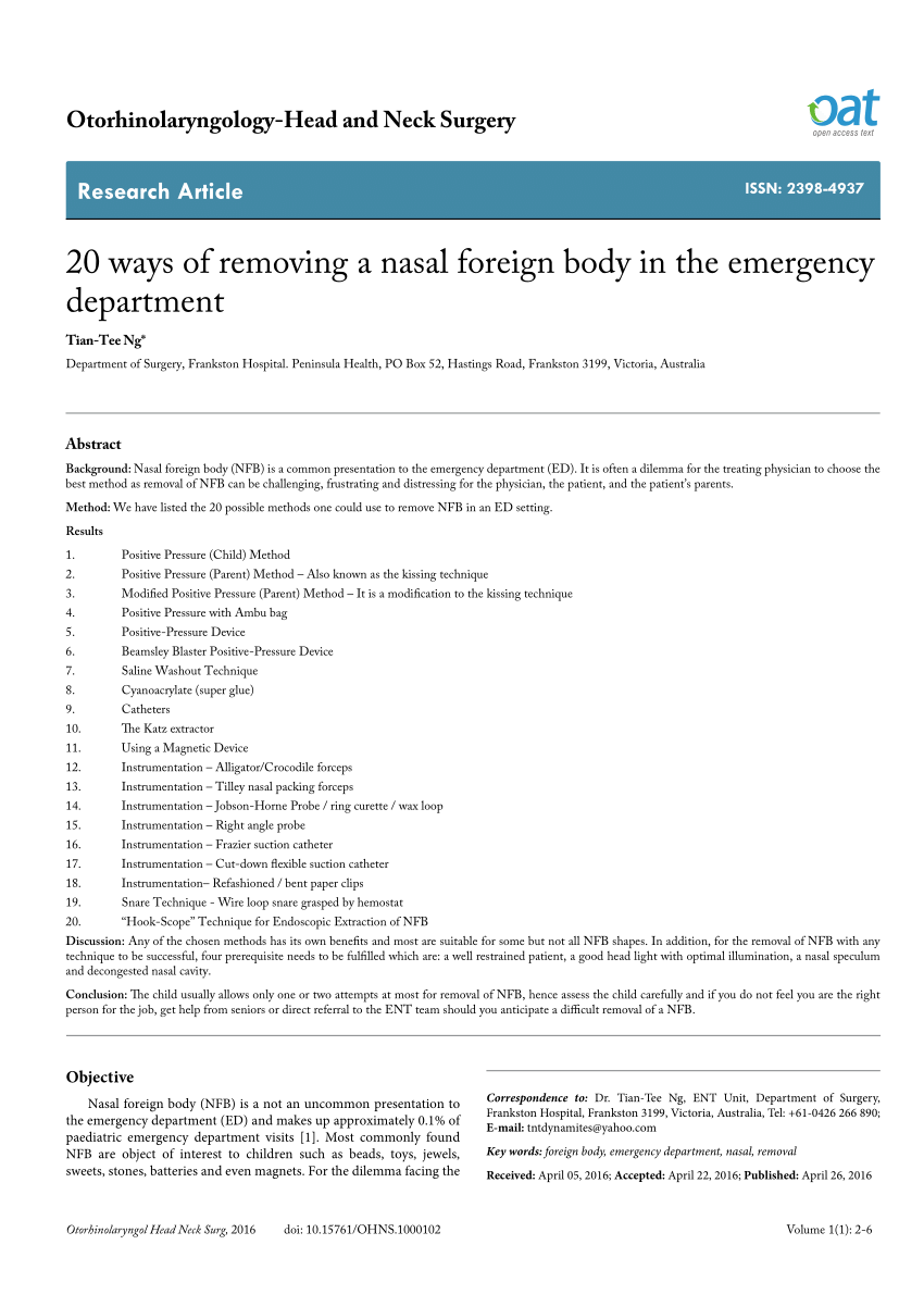 PDF) 20 ways of removing a nasal foreign body in the emergency