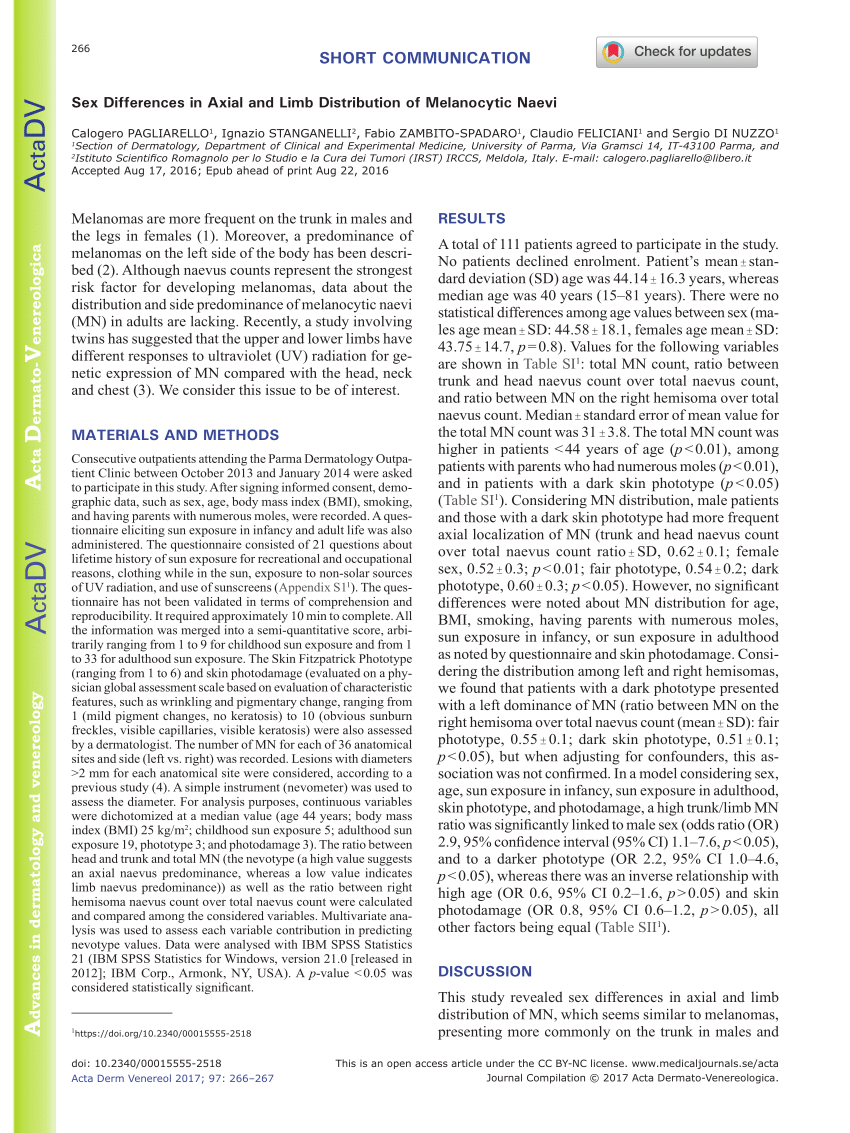 Pdf Sex Differences In Axial And Limb Distribution Of Melanocytic Naevi 