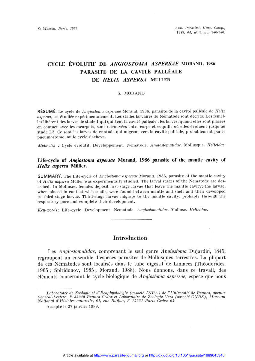 Pdf Cycle Evolutif De Angiostoma Aspersae Morand 1986 Parasite De La Cavite Palleale De Helix Aspersa Muller