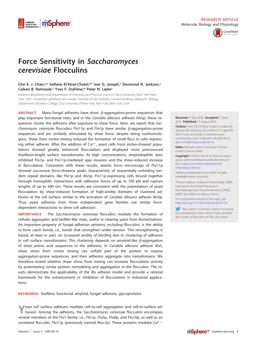 PDF) Force Sensitivity in Saccharomyces cerevisiae Flocculins