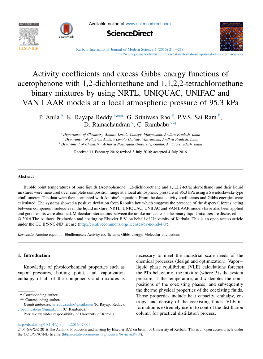 Pdf Activity Coefficients And Excess Gibbs Energy Functions Of Acetophenone With 1 2 Dichloroethane And 1 1 2 2 Tetrachloroethane Binary Mixtures By Using Nrtl Uniquac Unifac And Van Laar Models At A Local Atmospheric Pressure Of 95 3