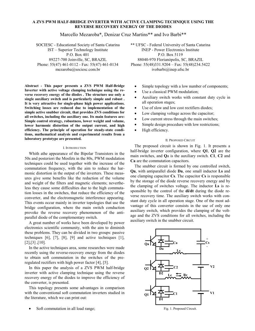 Pdf A Zvs Pwm Half Bridge Inverter With Active Clamping Technique Using The Reverse Recovery Energy Of The Diodes