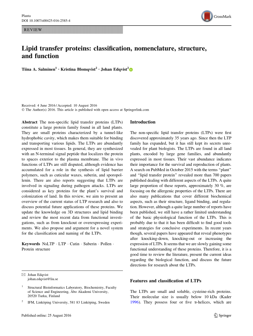 PDF) Lipid transfer proteins: classification, nomenclature 