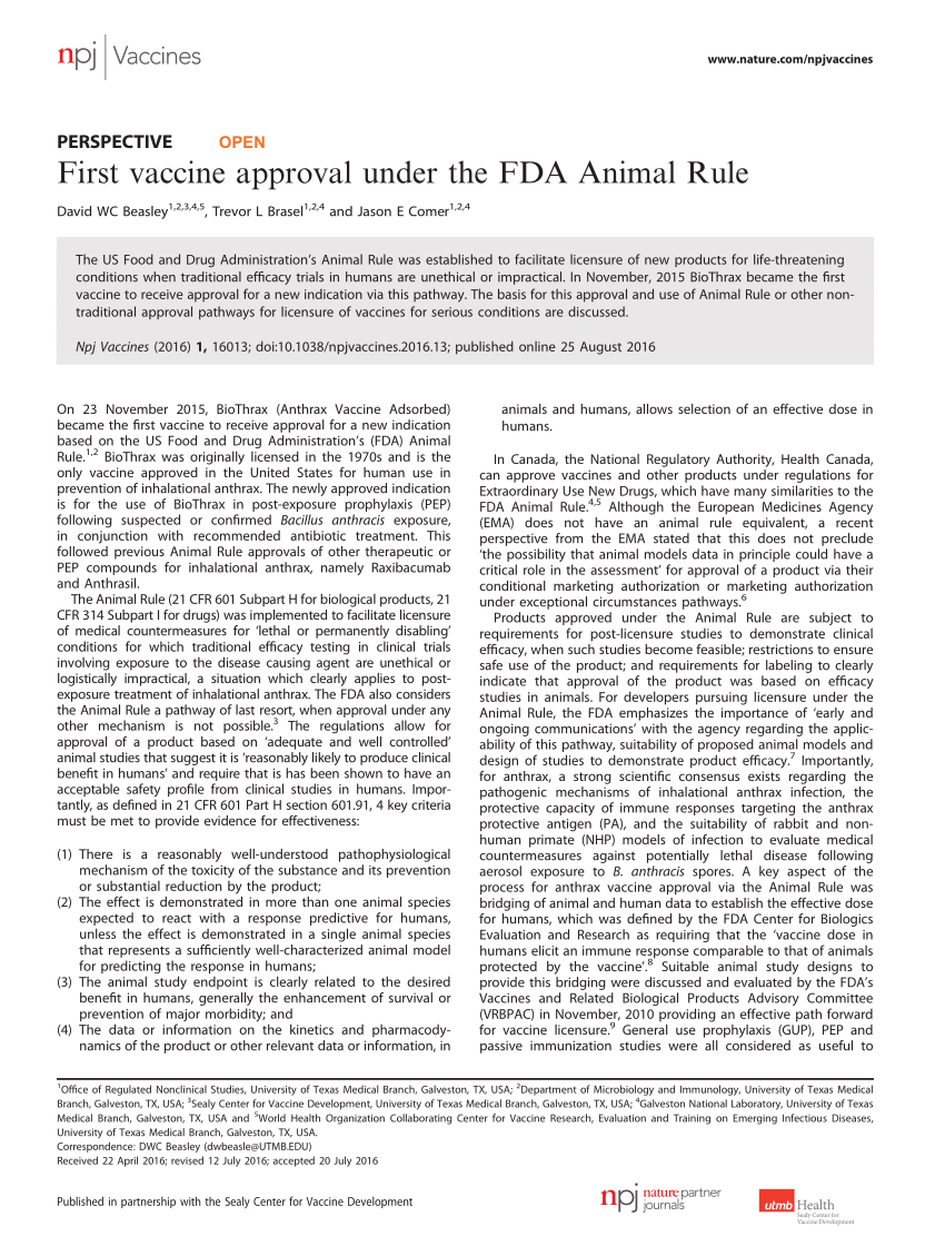 (PDF) First vaccine approval under the FDA Animal Rule