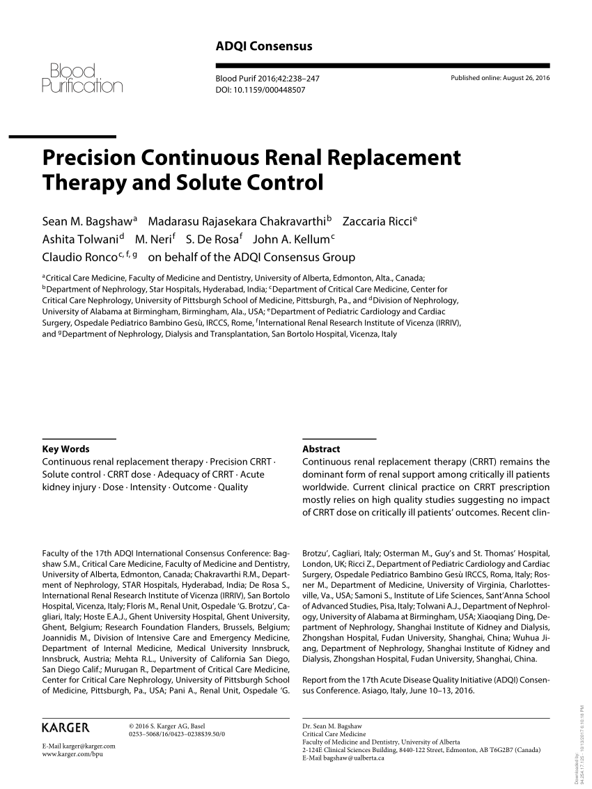 (PDF) Precision Continuous Renal Replacement Therapy and Solute Control