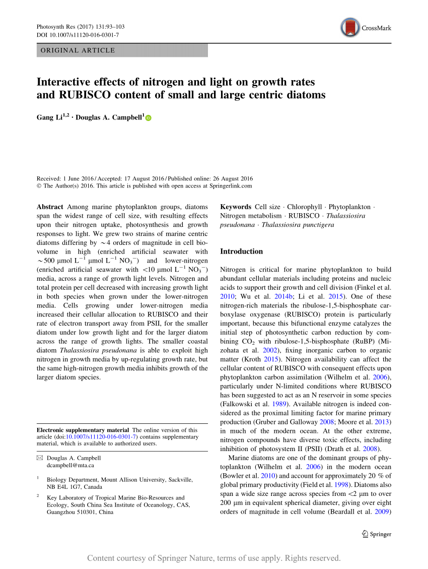 Pdf Interactive Effects Of Nitrogen And Light On Growth Rates And Rubisco Content Of Small And Large Centric Diatoms