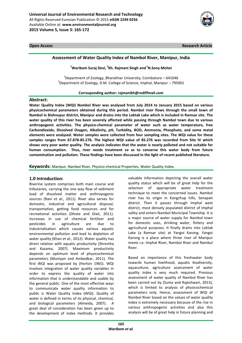 PDF) Assessment of Water Quality Index of Nambol River