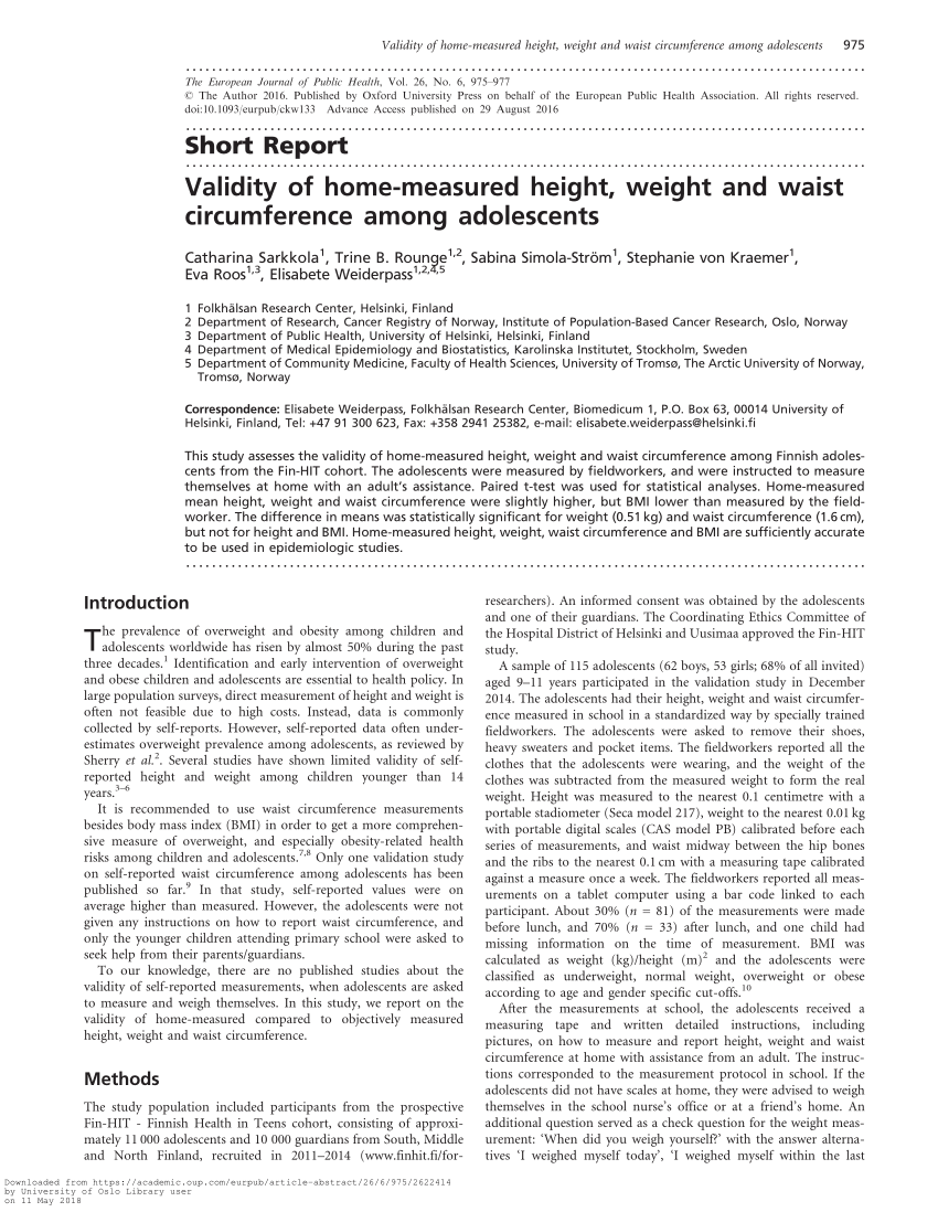 Pdf Validity Of Home Measured Height Weight And Waist