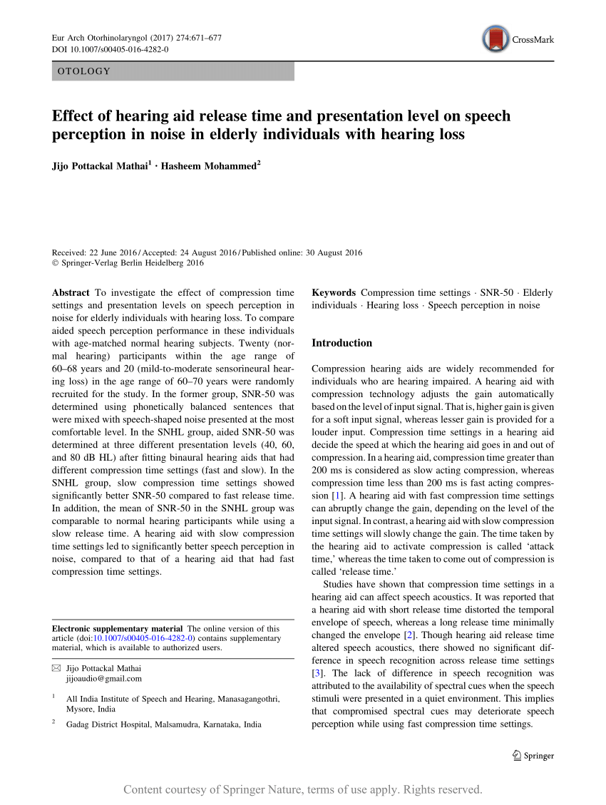 Effect of hearing aid release time and presentation level on speech