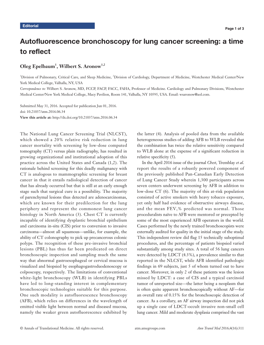 Pdf Autofluorescence Bronchoscopy For Lung Cancer Screening A Time To Reflect 