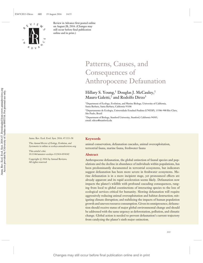 PDF) Patterns, Causes, and Consequences of Anthropocene Defaunation