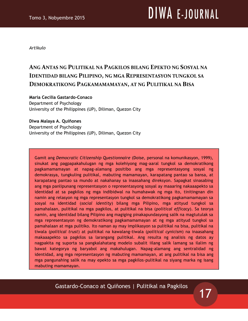 Pdf Ang Antas Ng Pulitikal Na Pagkilos Bilang Epekto Ng Sosyal Na Identidad Bilang Pilipino Ng Mga Representasyon Tungkol Sa Demokratikong Pagkamamamayan At Ng Pulitikal Na Bisa Level Of Political Action As