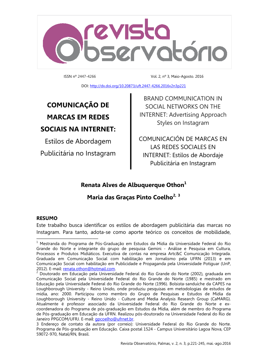 PDF) COMUNICAÇÃO DE MARCAS EM REDES SOCIAIS NA INTERNET: Estilos de  Abordagem Publicitária no Instagram