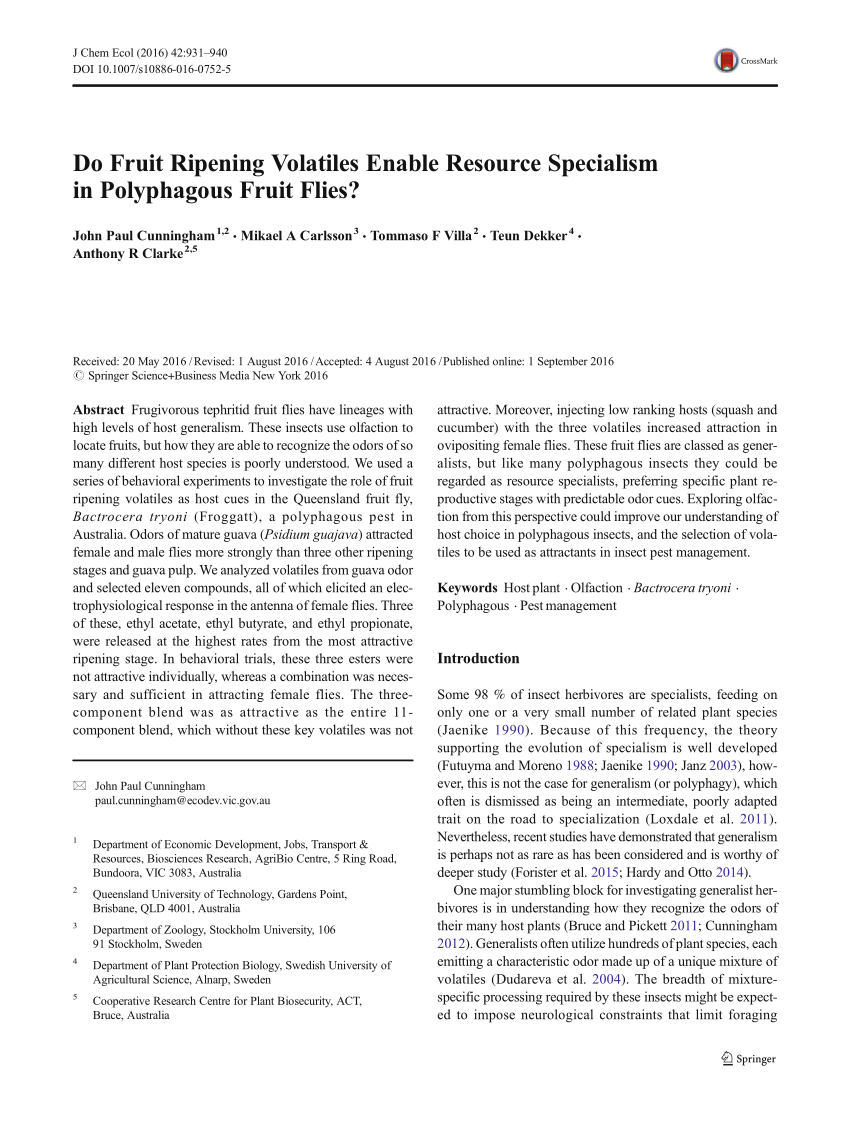 Pdf Do Fruit Ripening Volatiles Enable Resource Specialism In