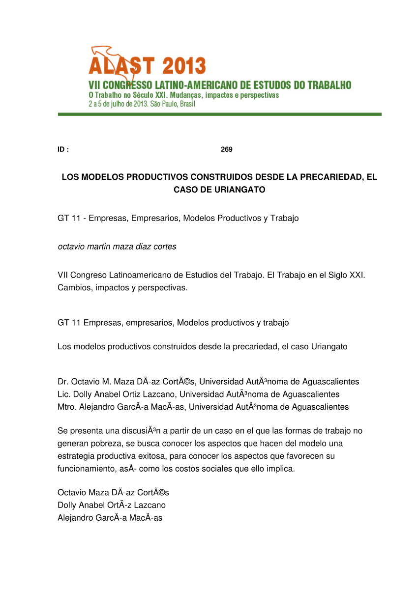 PDF) LOS MODELOS PRODUCTIVOS CONSTRUIDOS DESDE LA PRECARIEDAD, EL CASO DE  URIANGATO