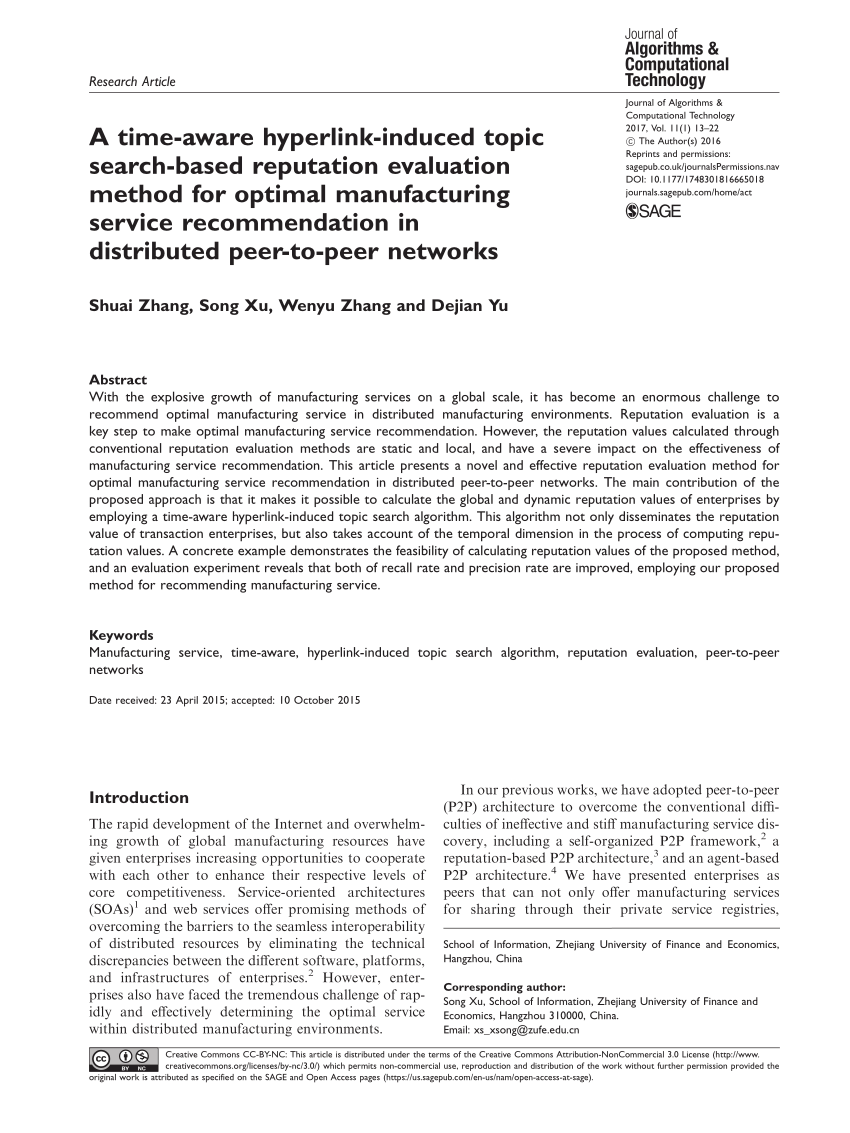 Pdf A Time Aware Hyperlink Induced Topic Search Based Reputation Evaluation Method For Optimal Manufacturing Service Recommendation In Distributed Peer To Peer Networks