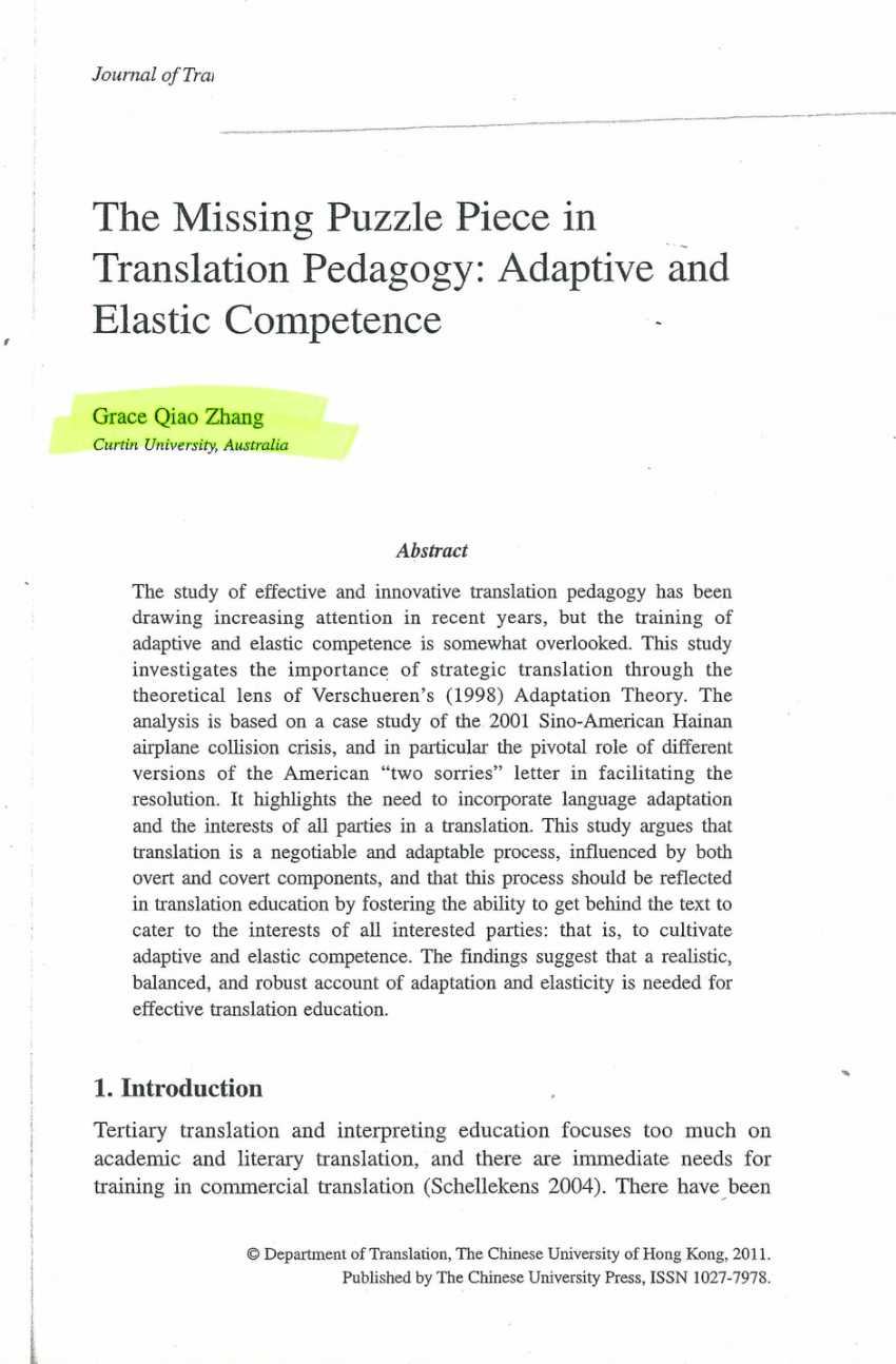 Pdf The Missing Puzzle Piece In Translation Pedagogy Adaptive And Elastic Competence