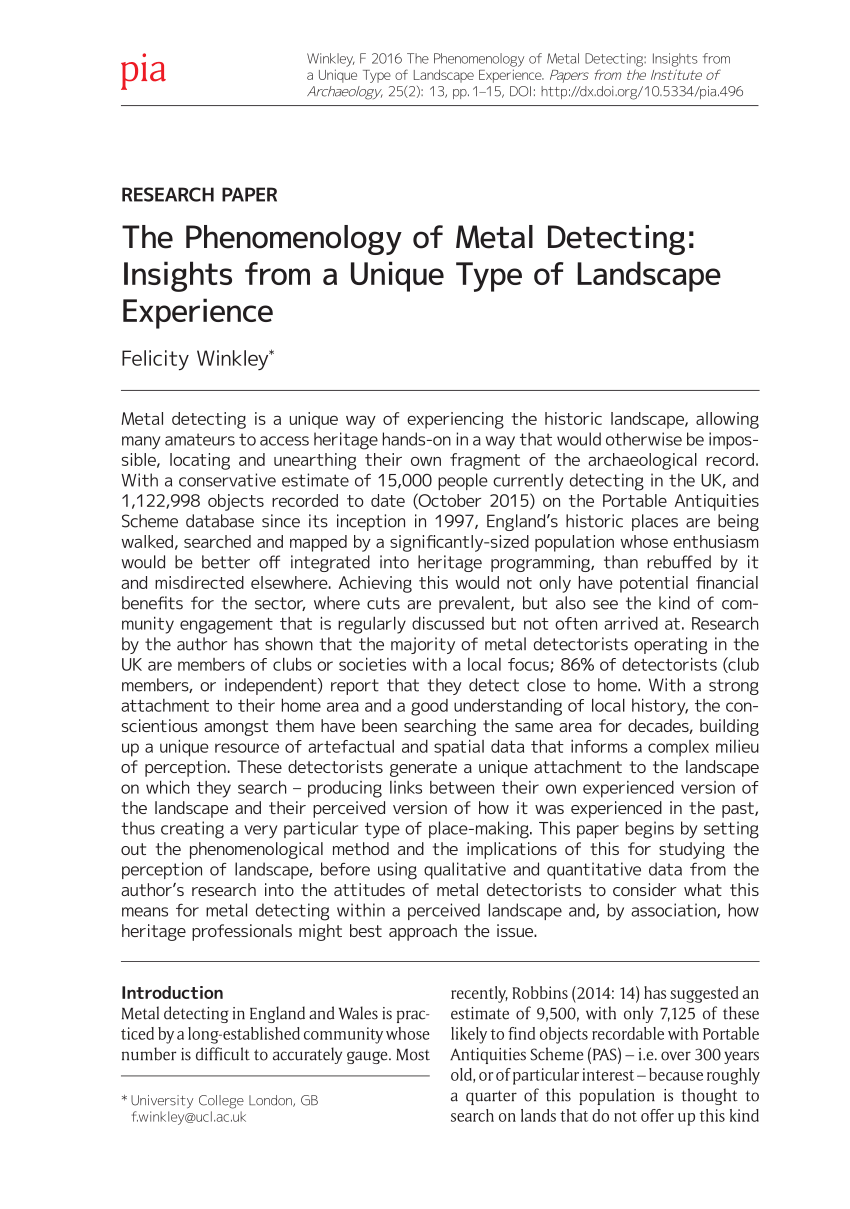 Pdf The Phenomenology Of Metal Detecting Insights From A Unique Type Of Landscape Experience