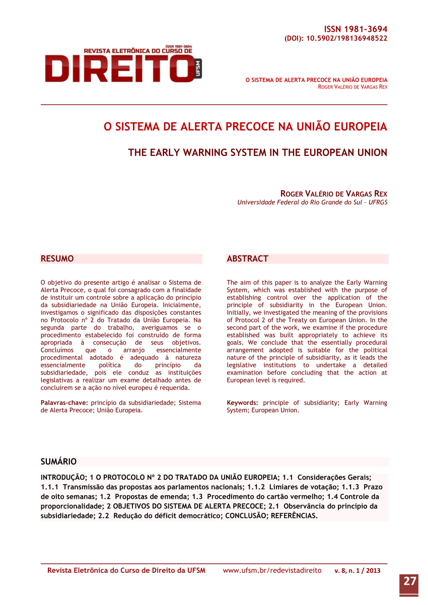 PDF) O SISTEMA DE ALERTA PRECOCE NA UNIO EUROPEIA