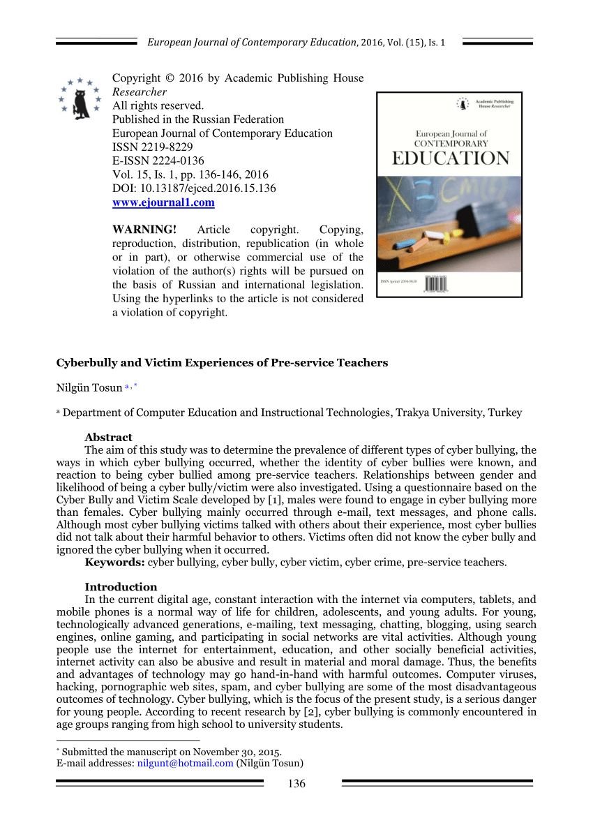 Pdf Cyberbully And Victim Experiences Of Pre Service Teachers