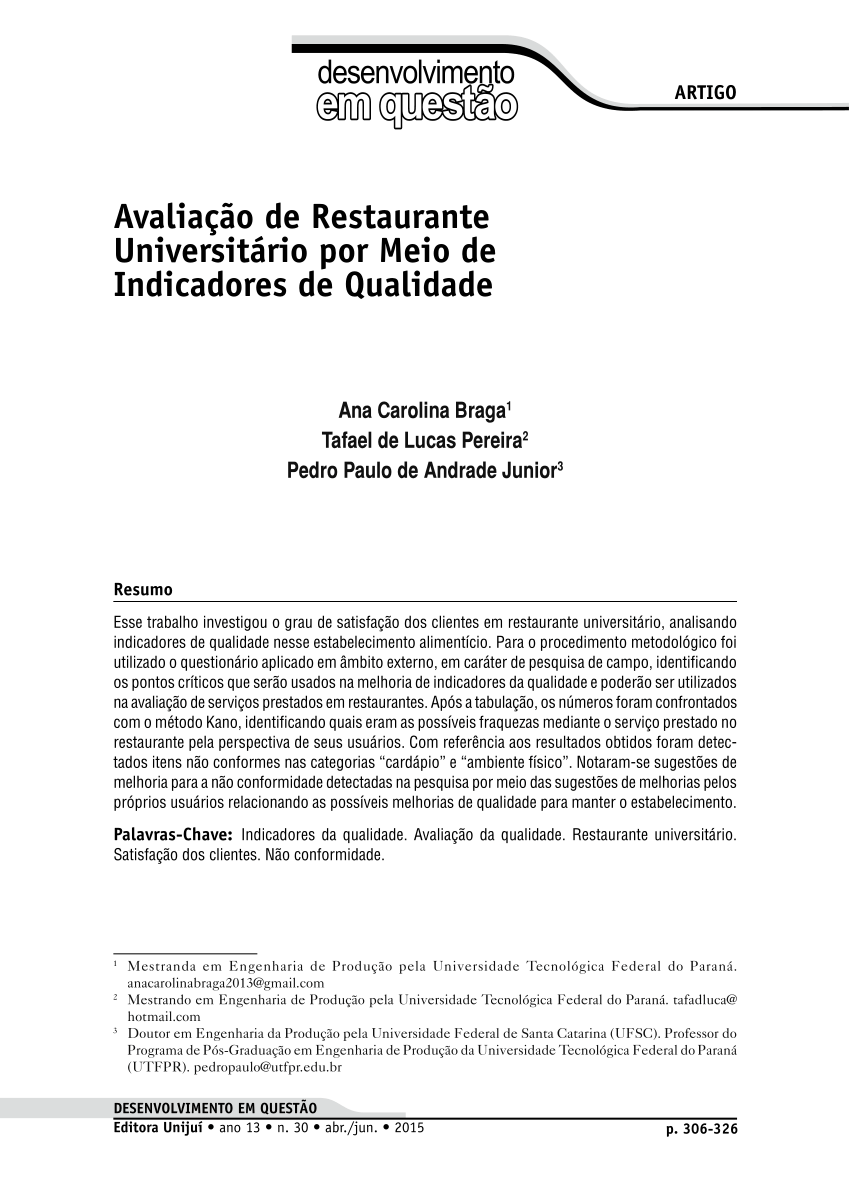 PDF) Avaliação de Restaurante Universitário por meio de Indicadores de  Qualidade