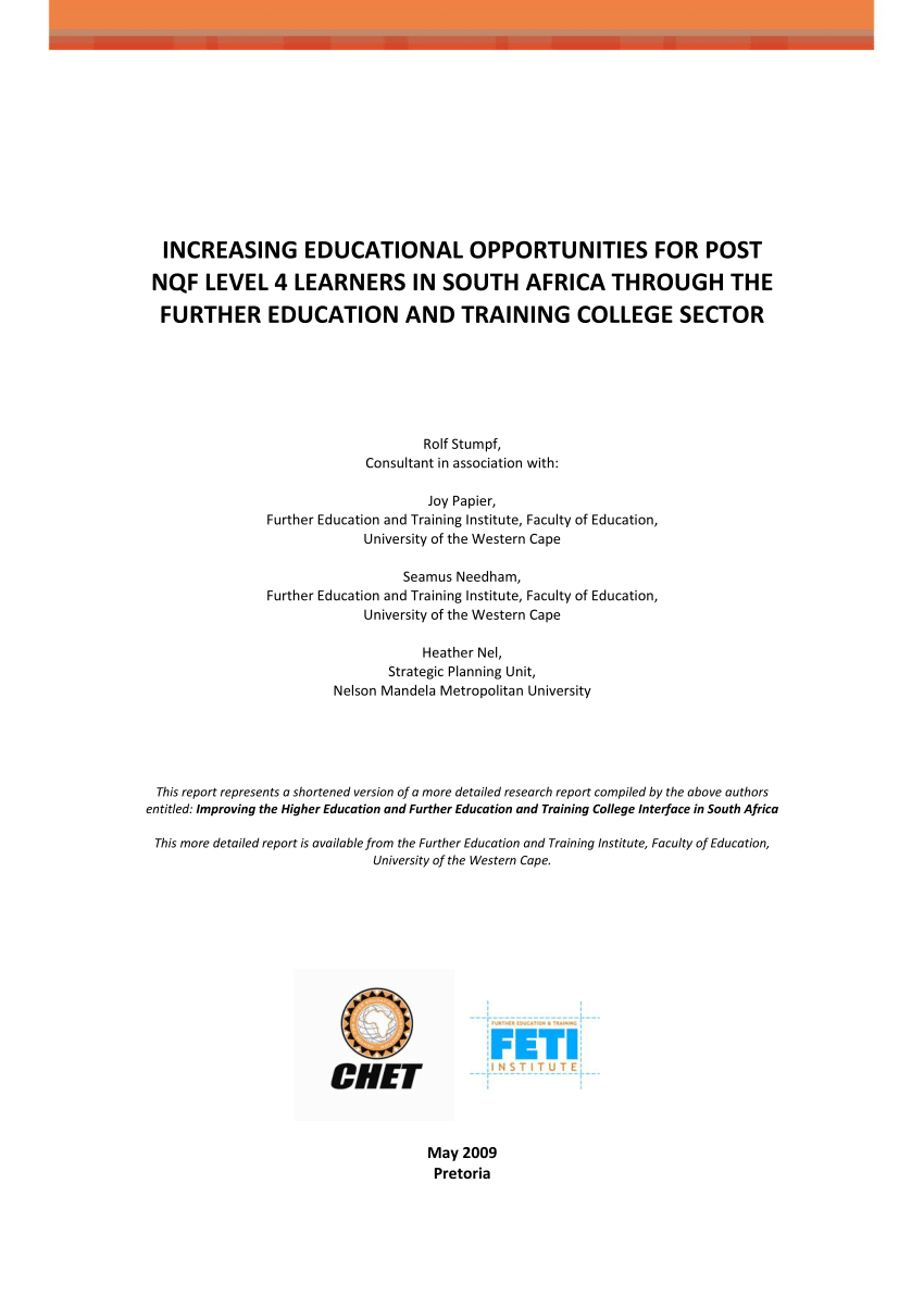 Pdf Increasing Educational Opportunities For Post Nqf Level 4 Learners In South Africa Through The Further Education And Training College Sector