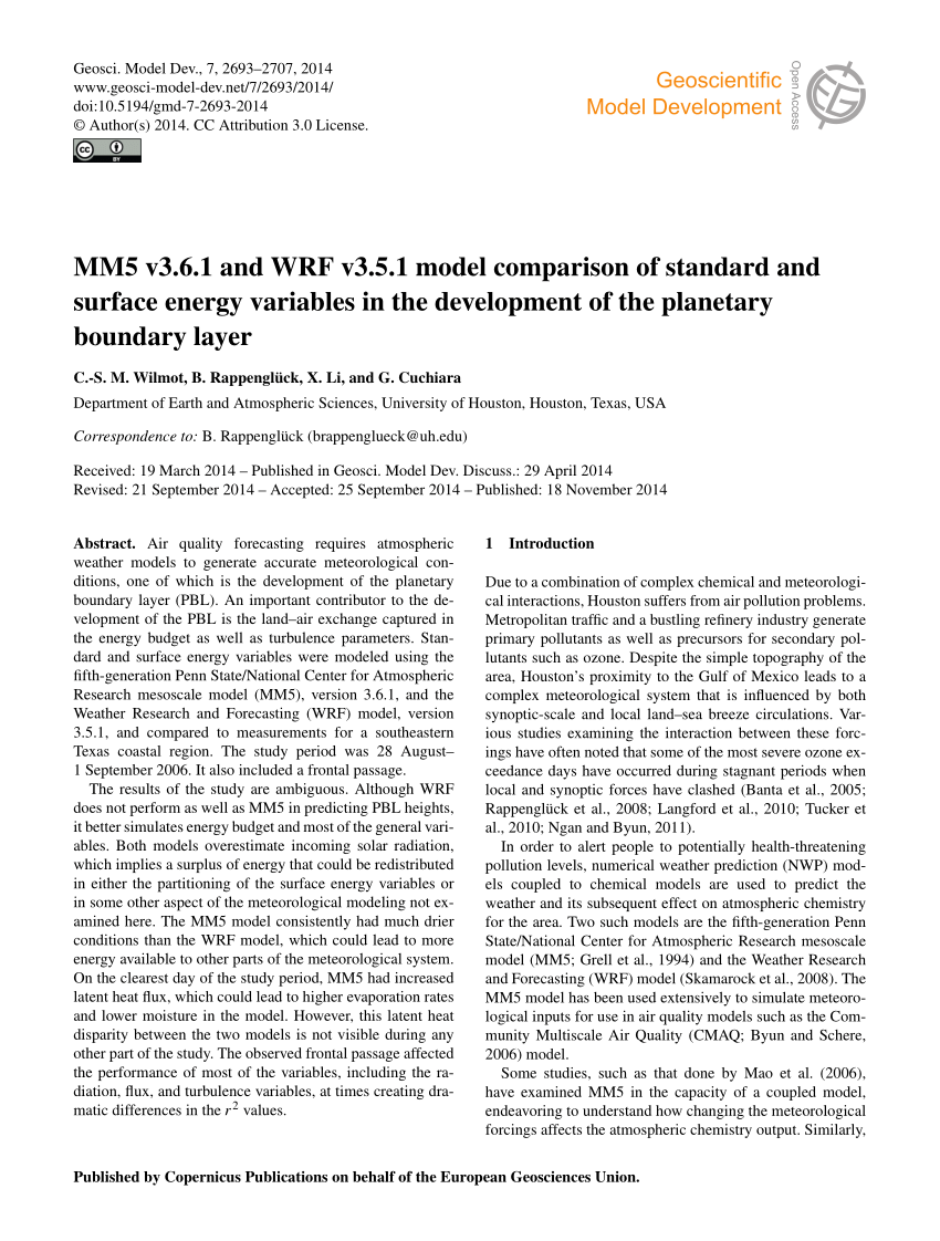 Pdf Mm5 V3 6 1 And Wrf V3 5 1 Model Comparison Of Standard And Surface Energy Variables In The Development Of The Planetary Boundary Layer