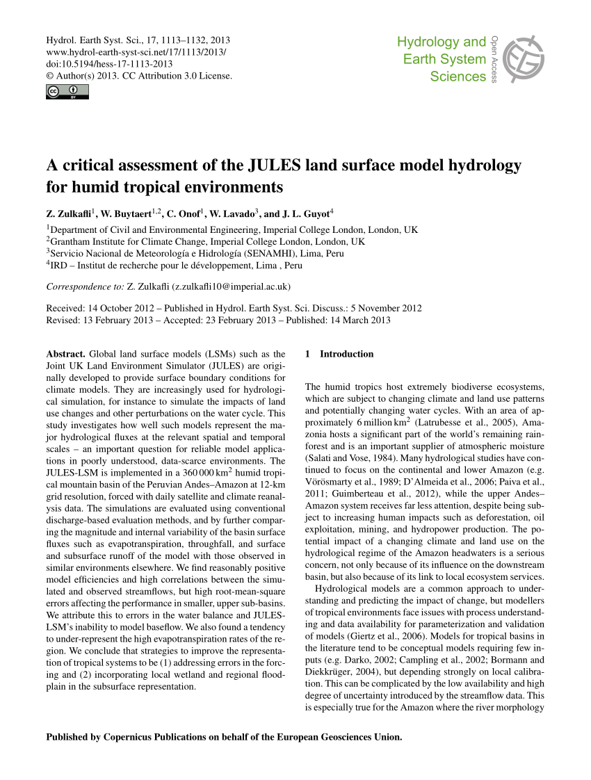 Pdf A Critical Assessment Of The Jules Land Surface Model Hydrology For Humid Tropical Environments