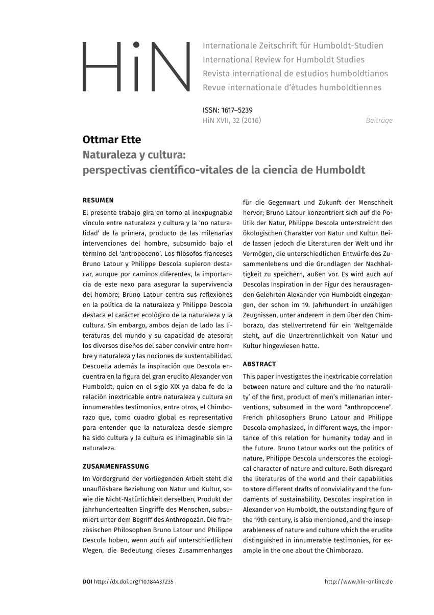 PDF) Naturaleza y cultura: perspectivas científico-vitales de la ciencia de  Humboldt