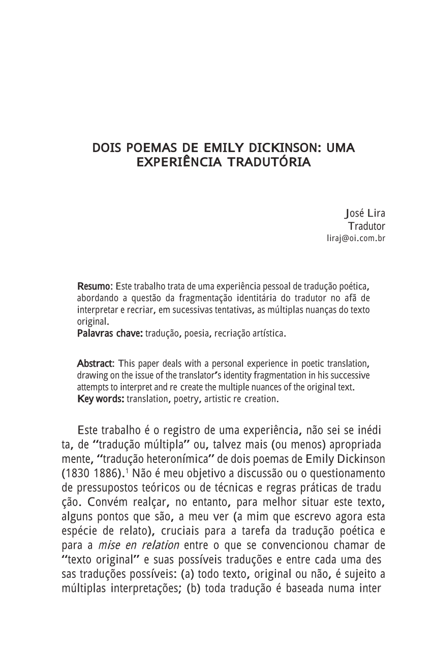 PDF) TRADUÇÃO DE POEMA E DE LETRA DE CANÇÃO: UM ESTUDO DE CASOS