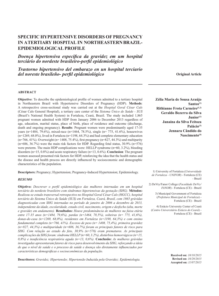 Pdf Specific Hypertensive Disorders Of Pregnancy In A Tertiary Hospital In Northeastern Brazil Epidemiological Profile