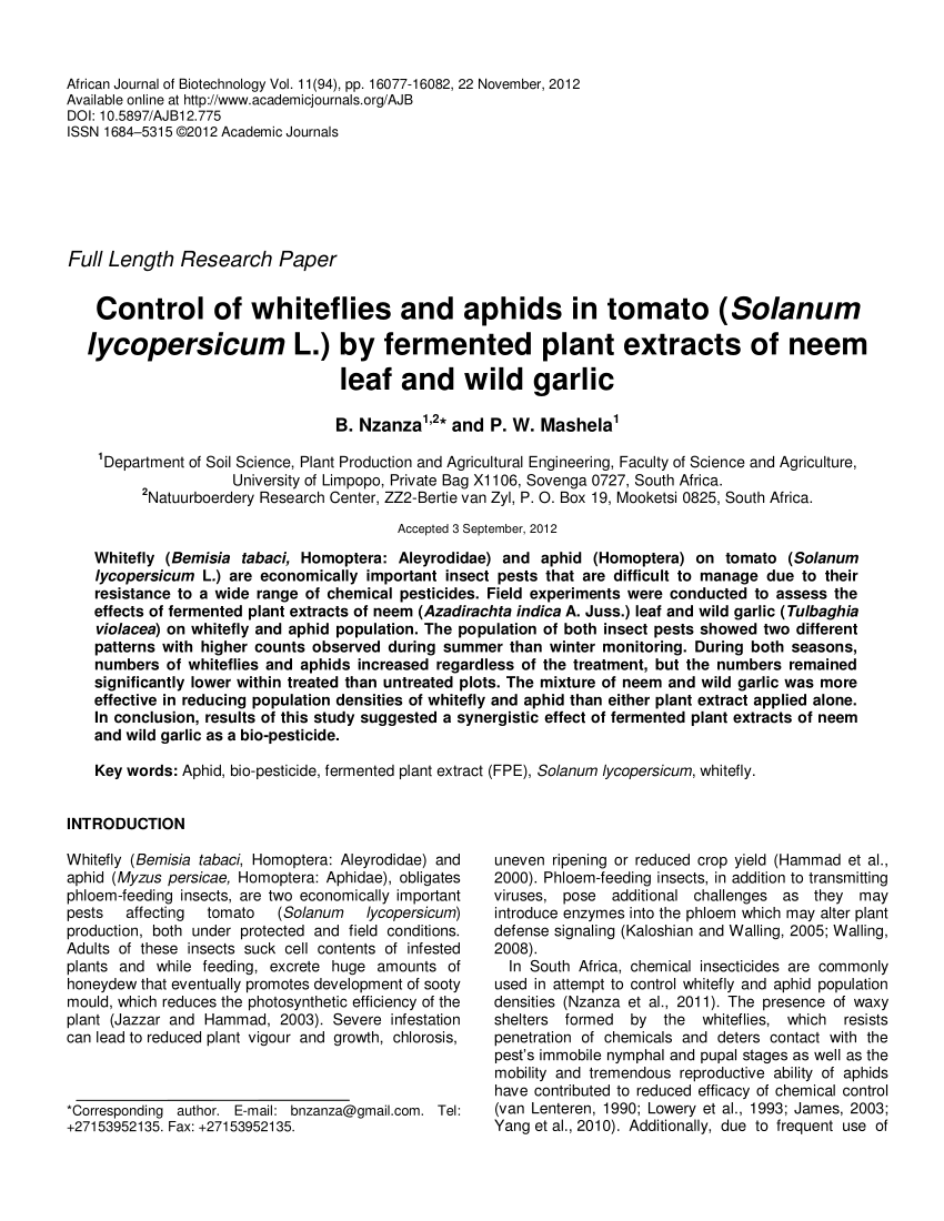 Pdf Control Of Whiteflies And Aphids In Tomato Solanum Lycopersicum L By Fermented Plant Extracts Of Neem Leaf And Wild Garlic