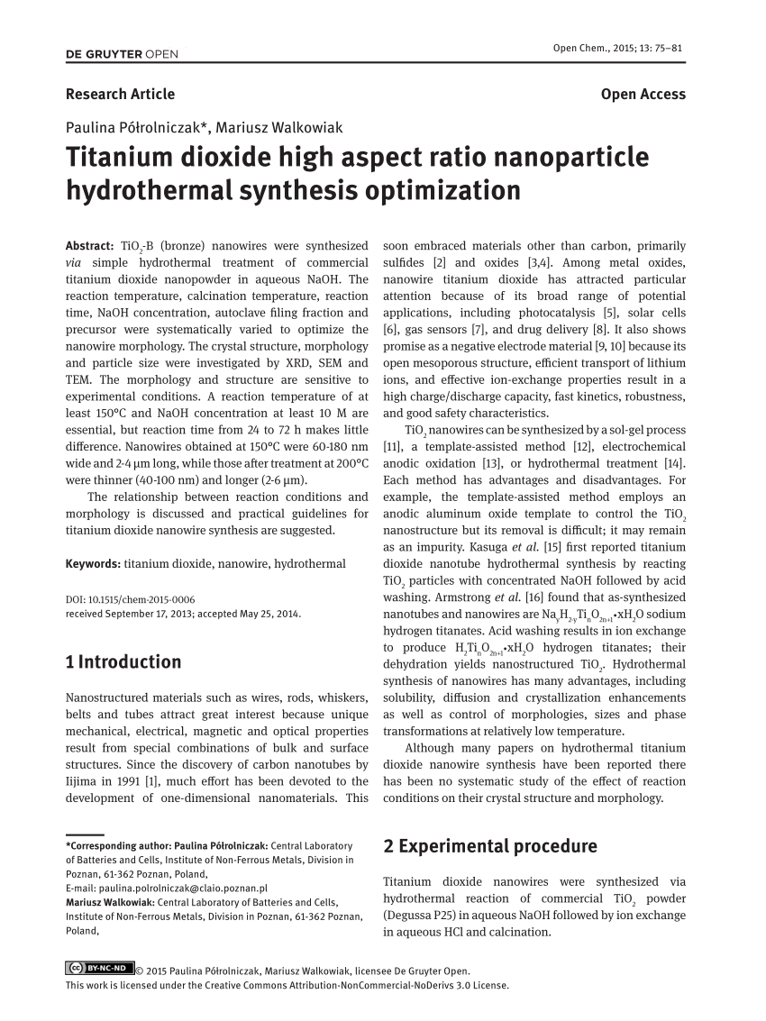 PDF Titanium dioxide high aspect ratio nanoparticle hydrothermal