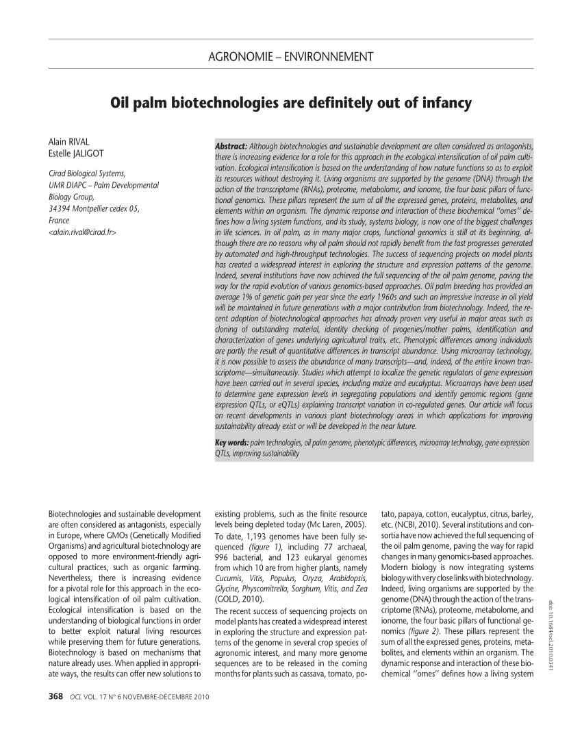 Pdf Oil Palm Biotechnologies Are Definitely Out Of Infancy